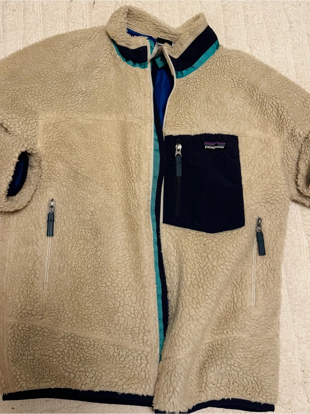 Patagonia Kids Beige Sherpa Jacket with Navy Chest Pocket